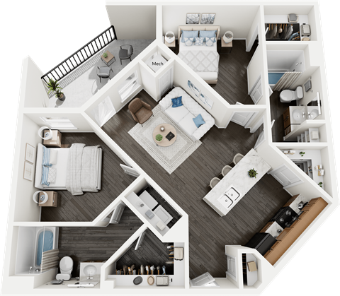 Floor plan for 2 beds, 2 baths, 866 sqft